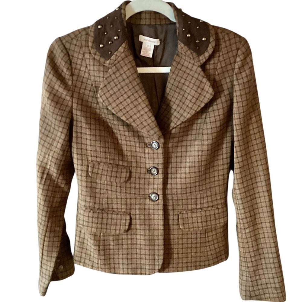 Sundance Brown Plaid Wool Blazer Jacket Studded Collar Women's Size 2 or 4 Lined - Picture 5 of 16